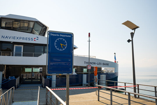 Lausanne, Switzerland, March 21, 2026. Cgn Naviexpress ferry docked at Lausanne pier for Thonon les Bains departures on Lake Leman