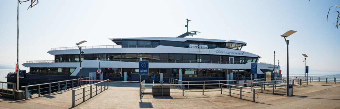 Lausanne, Switzerland, March 21, 2026. Modern Cgn Naviexpress passenger ferry docked at Lausanne Ouchy on Lake Leman under a clear blue sky