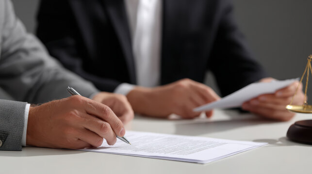 Focused professional lawyer writing draft contract document with serious legal expert to consult on formal prep and finalize agreement