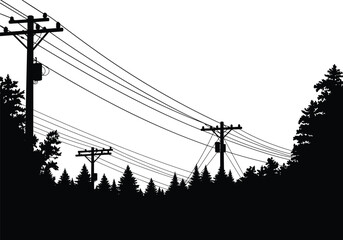 Silhouette of utility poles with transformers, crossarms, power lines, coniferous forest background, rural infrastructure, electricity distribution, high voltage grid © meri999
