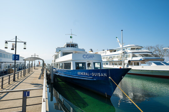 Lausanne, Switzerland, March 21, 2026. Blue Cgn General Guisan passenger ship docked at Lausanne Ouchy on the calm turquoise waters of Lake Leman