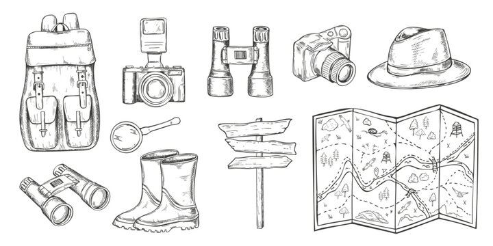 Travel and outdoor adventure equipment clip art vector isolated illustration. Backpack, rubber boots, safari hat, camera, binoculars, magnifying glass, terrain map, and wooden signpost set.