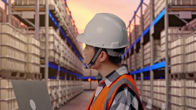 Close Up Side View Of Asian Male Engineer With Safety Helmet Working On A Laptop And Looking Around While Standing at Warehouse with Containers and Barrels