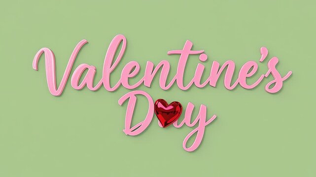 Happy Valentine's Day text with red heart on pastel green background, romantic celebration