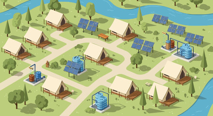 Fototapeta premium Eco friendly campsite with solar panels and water tanks