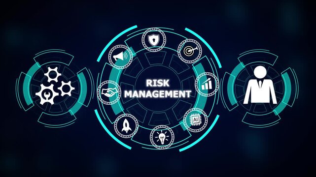 Risk management strategy icons in a circular diagram on a dark technological background video