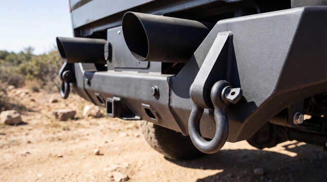 Rear bumper of off-road truck with custom exhaust pipe and heavy-duty tow shackle. Automotive modification and performance tuning concept. Outdoor adventure vehicle detail outdoors.