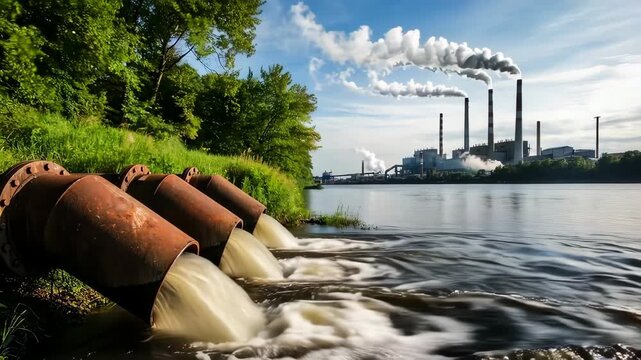 Toxic water discharging from industrial rusty pipes into a river next to a lush green forest, with a coal fired power plant emitting smoke and steam into the blue sky in the background