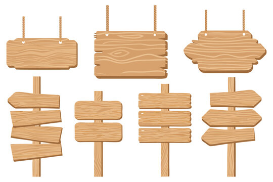 Set of cartoon wooden signboards, light brown wood texture with visible grain, different shapes and sizes, hanging with ropes and mounted on posts, clean vector illustration, flat design