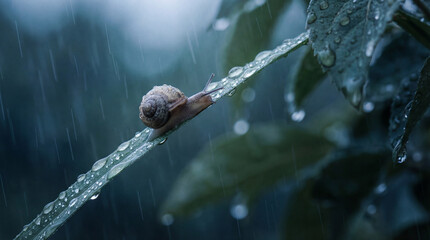 Obraz premium Snail on Leaf During Rain Shower in Moody Forest Atmosphere