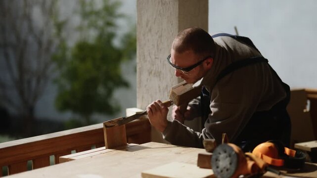A man in safety glasses precisely carves wood with a chisel and mallet. He demonstrates dedicated woodworking craftsmanship in a focused, outdoor setting.