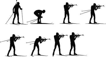 Biathlon athlete silhouettes collection, skiing and shooting poses, winter sport illustration, black and white vector set, isolated extreme competition design © MstMonowara