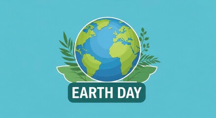 Fototapeta premium Earth Day eco-friendly badge with globe and green leaves on light blue background