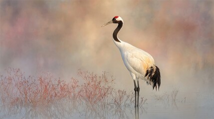 Fototapeta premium A Red-Crested Crane Stands Poised in Gentle Mist Amongst Reeds, Evoking Serenity and Nature's Grace