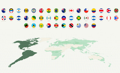Fototapeta premium Collection of Round Flags of America with America Highlighted on a World Map.