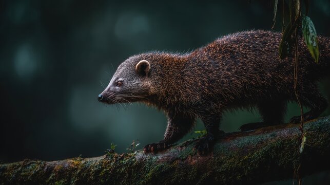 A Binturong, also known as a bearcat, cautiously walks along a moss-covered tree branch amidst the lush, blurred forest.
