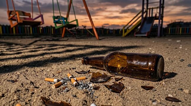 Botella de cerveza de vidrio vacía y rota y colillas de cigarrillos abandonadas en la arena de un parque infantil