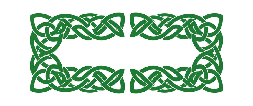 Celtic knotwork border design intricate green interwoven patterns black background