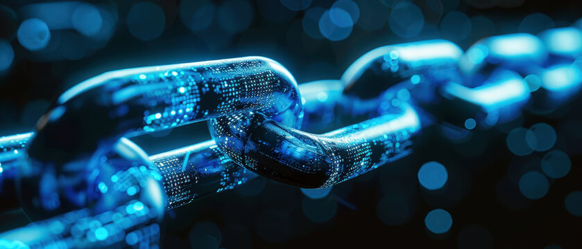Futuristic glowing blue chain links made of holographic code and binary streams. Transparent digital blocks with flowing binary numbers and circuit patterns symbolize blockchain technology
