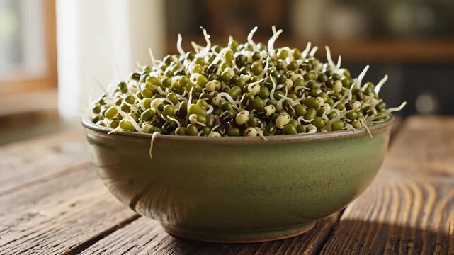 Fresh bowl of mung bean sprouts on a rustic wooden table.