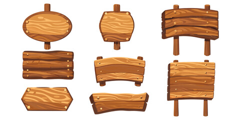 Fototapeta premium Fantasy game wooden signs pack, simple boards made of layered planks, soft cartoon style, light wood texture, subtle highlights, no heavy shadows, clean composition, evenly spaced