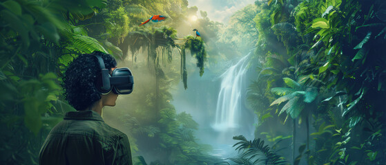 Obraz premium A woman wearing a VR headset is immersed in a lush virtual jungle environment. She sits in a chair surrounded by vibrant tropical plants, colorful birds, and a majestic waterfall