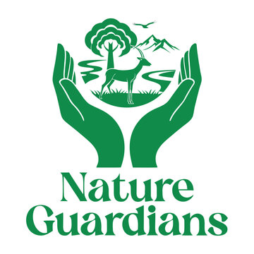 Nature guardians logo showing hands protecting forest landscape and deer silhouette