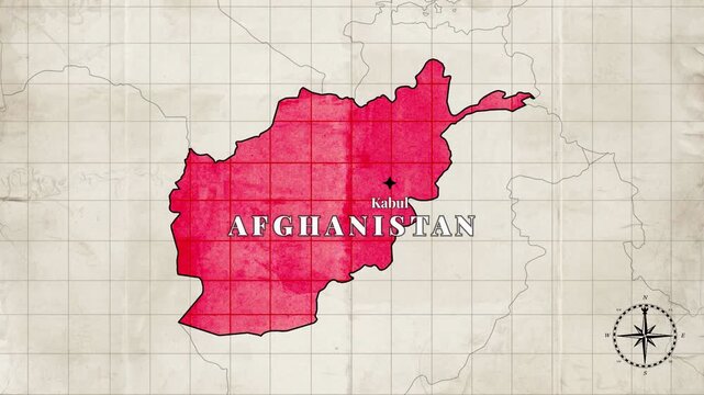 Vintage Style Animated Afghanistan Map with Country Borders and Capital Kabul on Old Paper Background