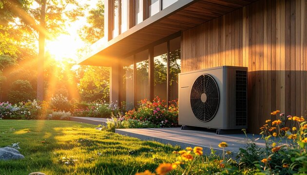 Modern heat pump installed on stone patio outside contemporary house with wooden siding in golden hour sunset light with flowers