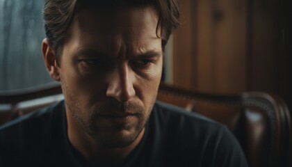 Fototapeta premium Man with short brown hair looks downward with a serious and contemplative facial expression while sitting in a dimly lit indoor space