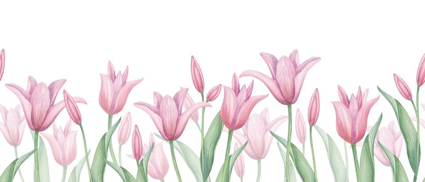Pink tulip flowers seamless watercolor pattern on isolated background. Spring blooming tulips on stems with buds and green leaves repeat pattern for fabric and textile printing, wrapping paper.