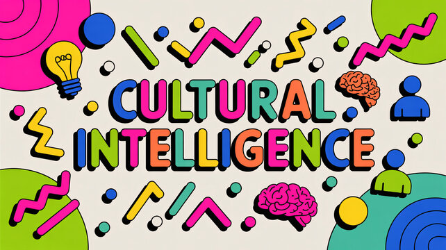 Text "CULTURAL INTELLIGENCE" bold colorful pop art design brain lightbulb icons vibrant geometric shapes
