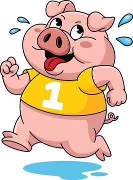 Cute cartoon pig running fast, wearing a yellow t-shirt with number one