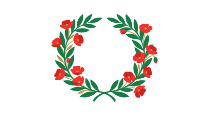 Obraz premium A beautiful illustration of a circular wreath adorned with vibrant red poppy-like flowers and lush green leaves, symbolizing celebration or remembrance.