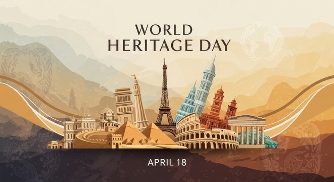 World Heritage Day illustration with global landmarks and mountain landscape