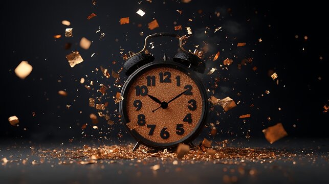Exploding alarm clock with golden confetti against a dark background Image