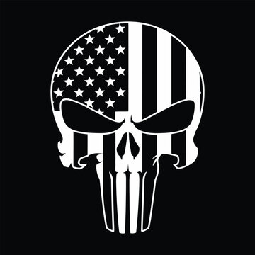 Tactical skull silhouette with american flag pattern isolated on black background