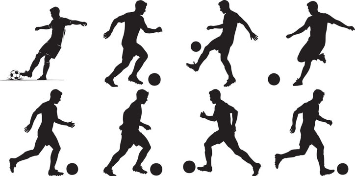 Collection of black silhouette soccer players in various poses kicking ball
