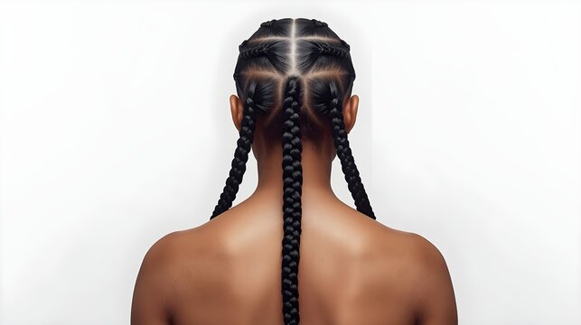 Back view of long cornrow braids with center parting, clean scalp and extended length, isolated on white background studio lighting