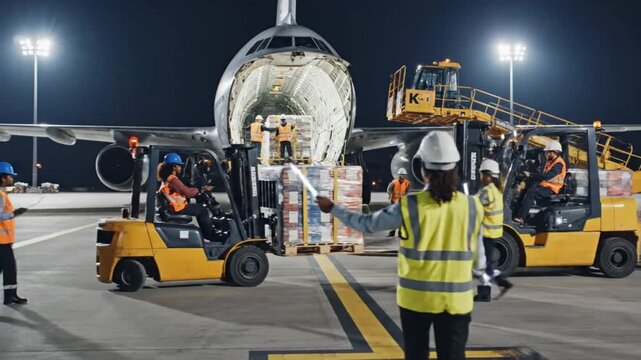 A logistics worker in a high-visibility vest oversees nighttime cargo operations at an airport with a forklift and containers.
