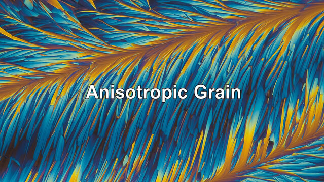 A microscopic view of a vibrant anisotropic grain structure with colorful crystalline patterns.
