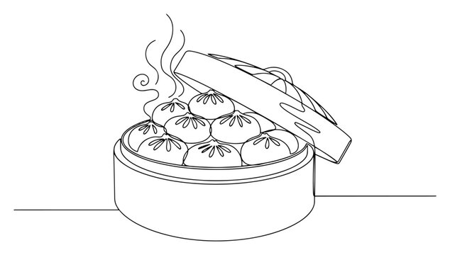 Dim sum dumplings in bamboo steamer continuous line drawing, traditional asian food steamed baozi xiaolongbao one line art, minimalist kitchen vector illustration