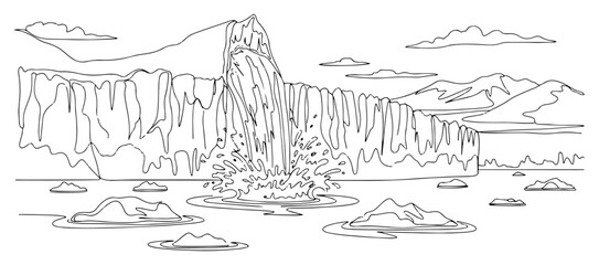 Melting glacier and iceberg in ocean continuous line drawing, global warming and climate change concept one line art minimalist arctic landscape vector illustration © ----WWWLINE----