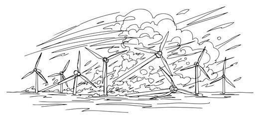Fototapeta premium Wind turbines farm in landscape continuous line drawing, renewable green energy and sustainability one line art minimalist vector illustration