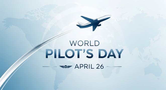 World Pilot's Day poster with airplane silhouette on blue sky gradient background April 26