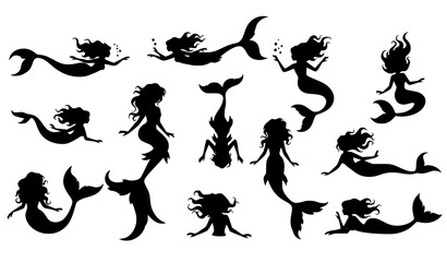 Fototapeta premium Fantasy mermaid silhouette icons sea creature vector collection isolated on white background