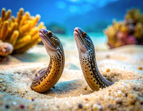 Two spotted garden eels emerge from sandy seabed, observing their vibrant coral reef habitat in clear blue ocean water.