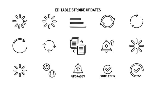 Software update and installation progress outline icon set editable stroke vector isolated on white