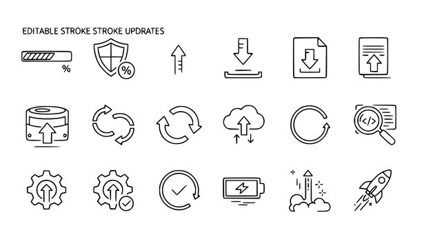 Update upgrade progress bar install outline icons editable stroke software process vector isolated on white