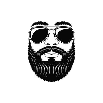 A black and white illustration of a man s face with a beard and sunglasses